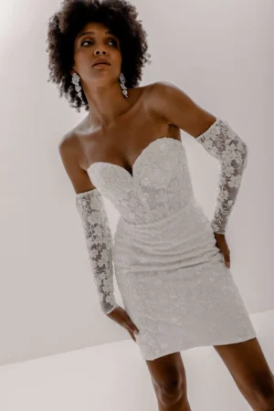 Evelyn by Heirloom wedding dress posing in her dream mini white short wedding dress gown Vaughan bridal shop White Lace Bridal Couture Canada Vaughan USA