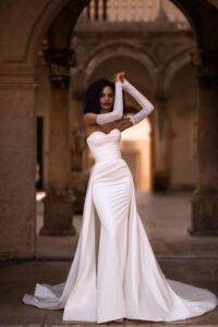 Preston by Woná Concept wedding dress posing in her dream wedding dress gown Toronto bridal shop White Lace Bridal Couture